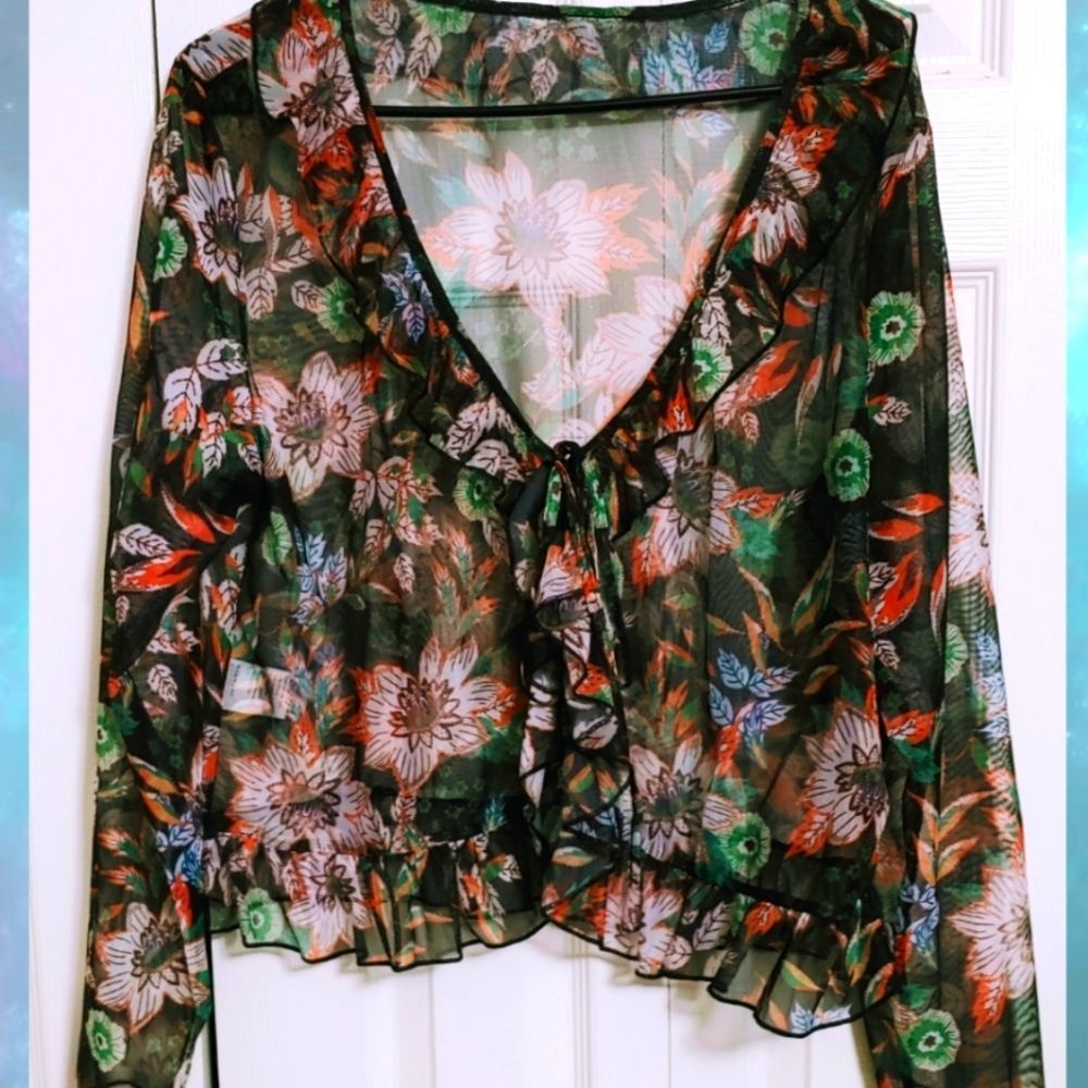 Floral Sheer Blouse - Black, Green, Orange